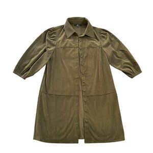 7 For All Mankind Army Green Corduroy Short Puff Sleeve Mini Shirt Dress Size M